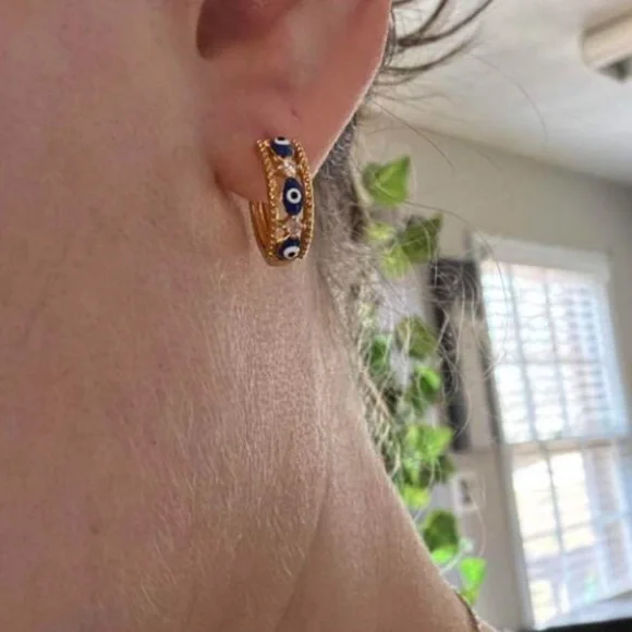 Gold and Blue Evil Eye Hoop Earrings 18k gold - Picture 2 of 4